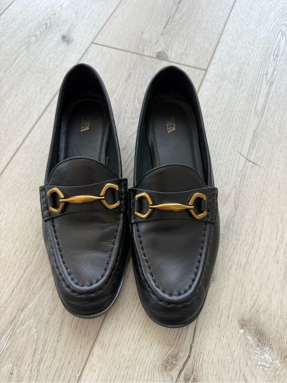 Zara Black Leather Loafers with Gold Buckle
